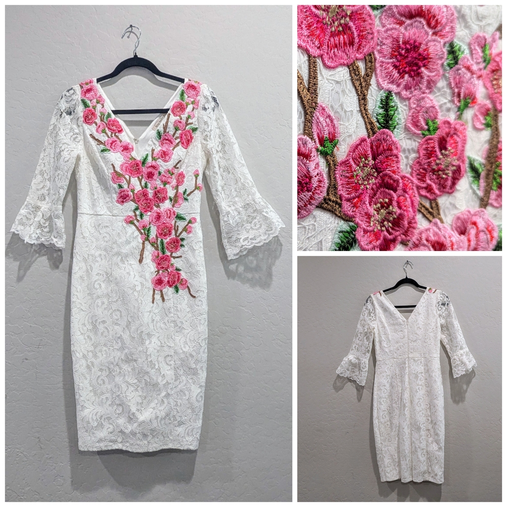 White Lace Dress with Pink Floral Embroidery